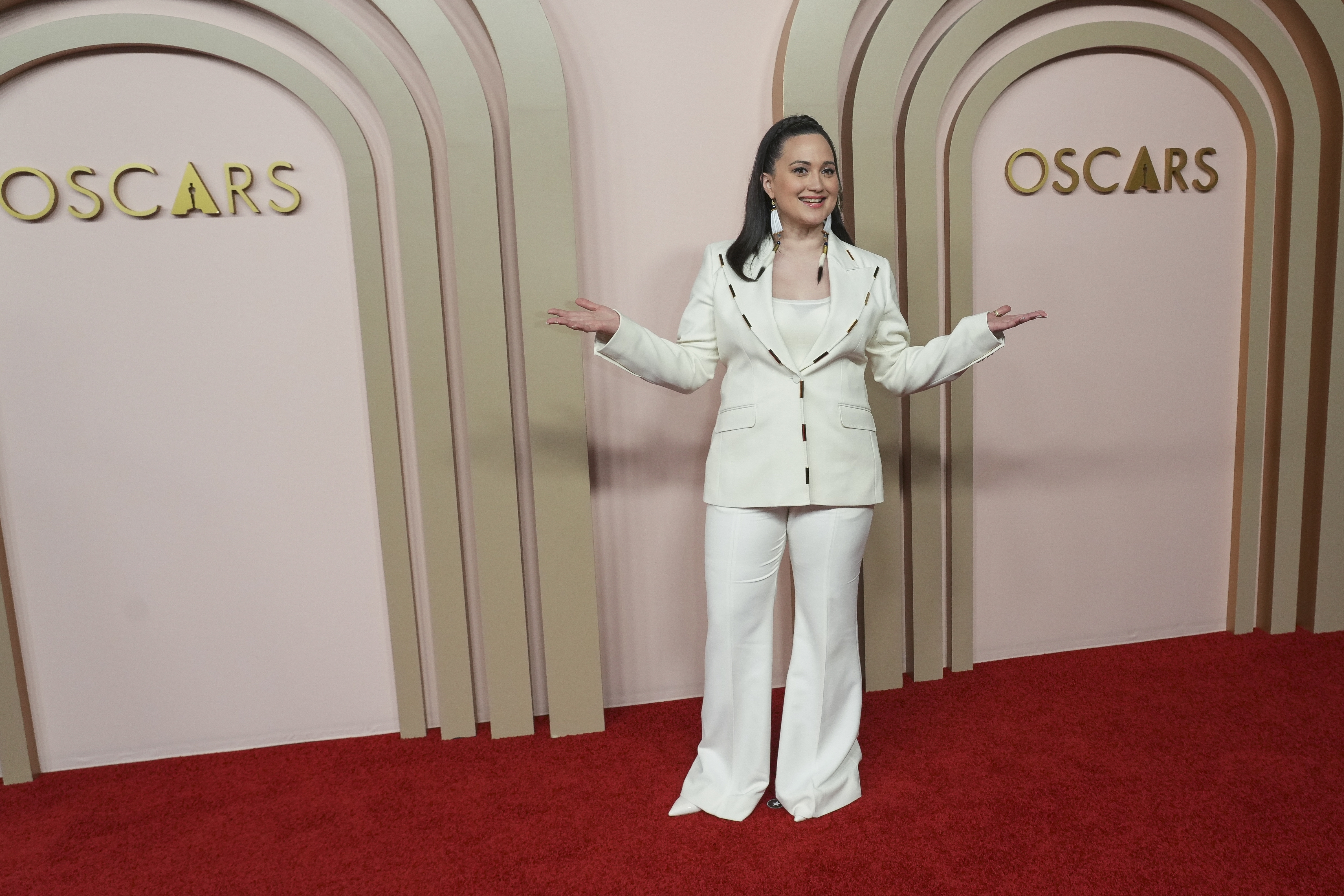 Lily Gladstone arrives at the 96th Academy Awards Oscar nominees luncheon on Monday, Feb. 12, 2024, at the Beverly Hilton Hotel in Beverly Hills, Calif.