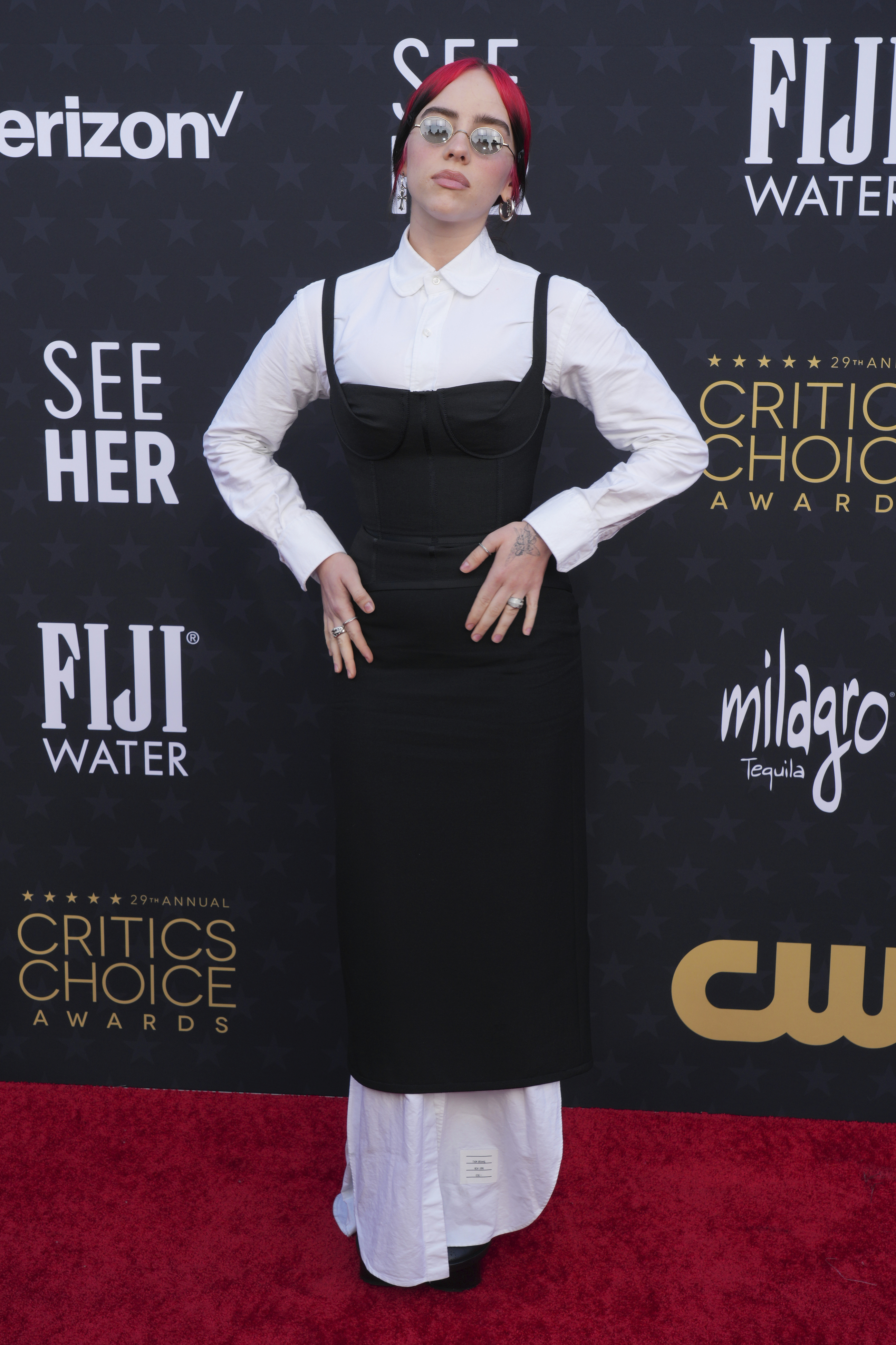Billie Eilish arrives at the 29th Critics Choice Awards on Sunday, Jan. 14, 2024, at the Barker Hangar in Santa Monica, Calif.